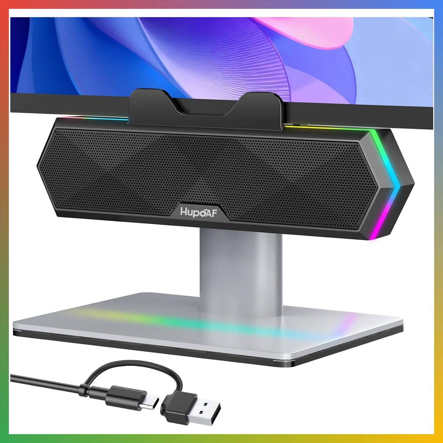 Clip On USB Desktop Computer Speakers Classic Black RGB Lights Soundbar