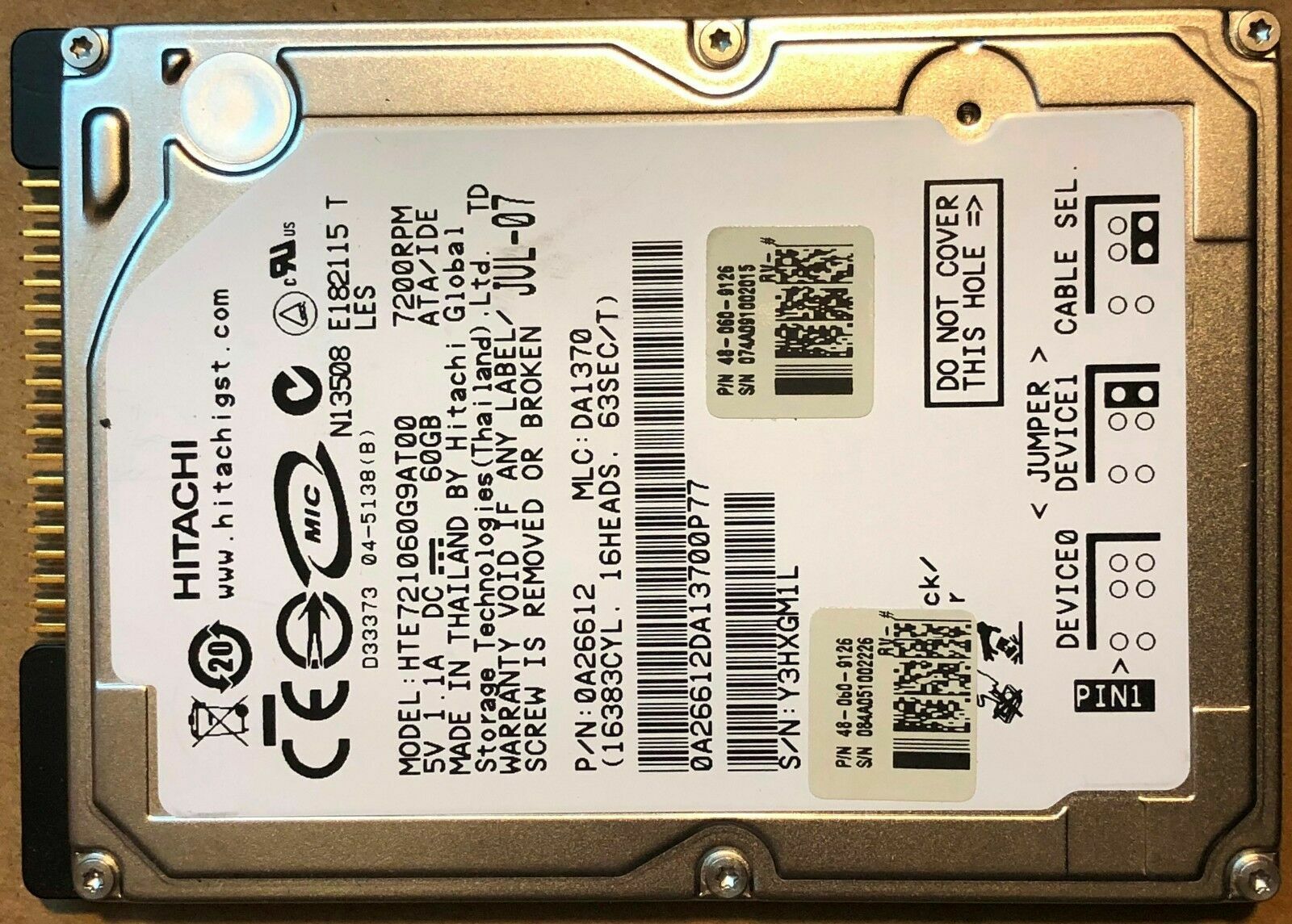 Hitachi HTE721060G9AT00 0A26612 60GB IDE 2.5" 7.2K RPM Laptop Hard Disk Drive