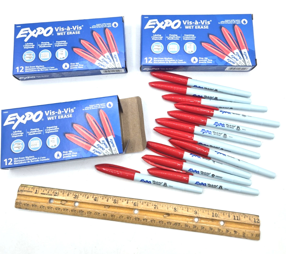 EXPO Vis a Vis Wet Erase Markers RED Fine Tip for Whiteboards **LOT OF 36**