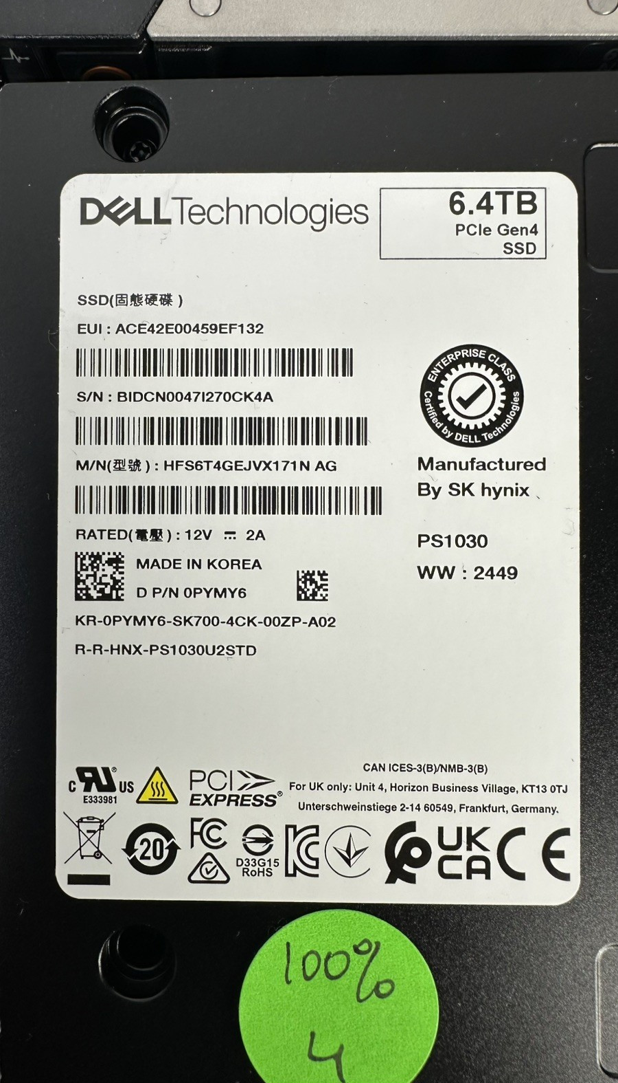 Dell 6.4TB PCIe Gen4 NVMe U.2 Mixed Use SSD 0PYMY6 SFF 2.5 2.5in PCIe4 DellEMC