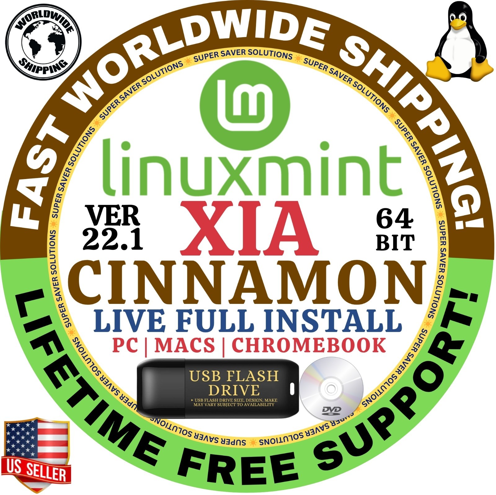 LINUX MINT OS 22.1 XIA CINNAMON XFCE MATE LMDE6 64BIT USB, CD, DVD COMBOS