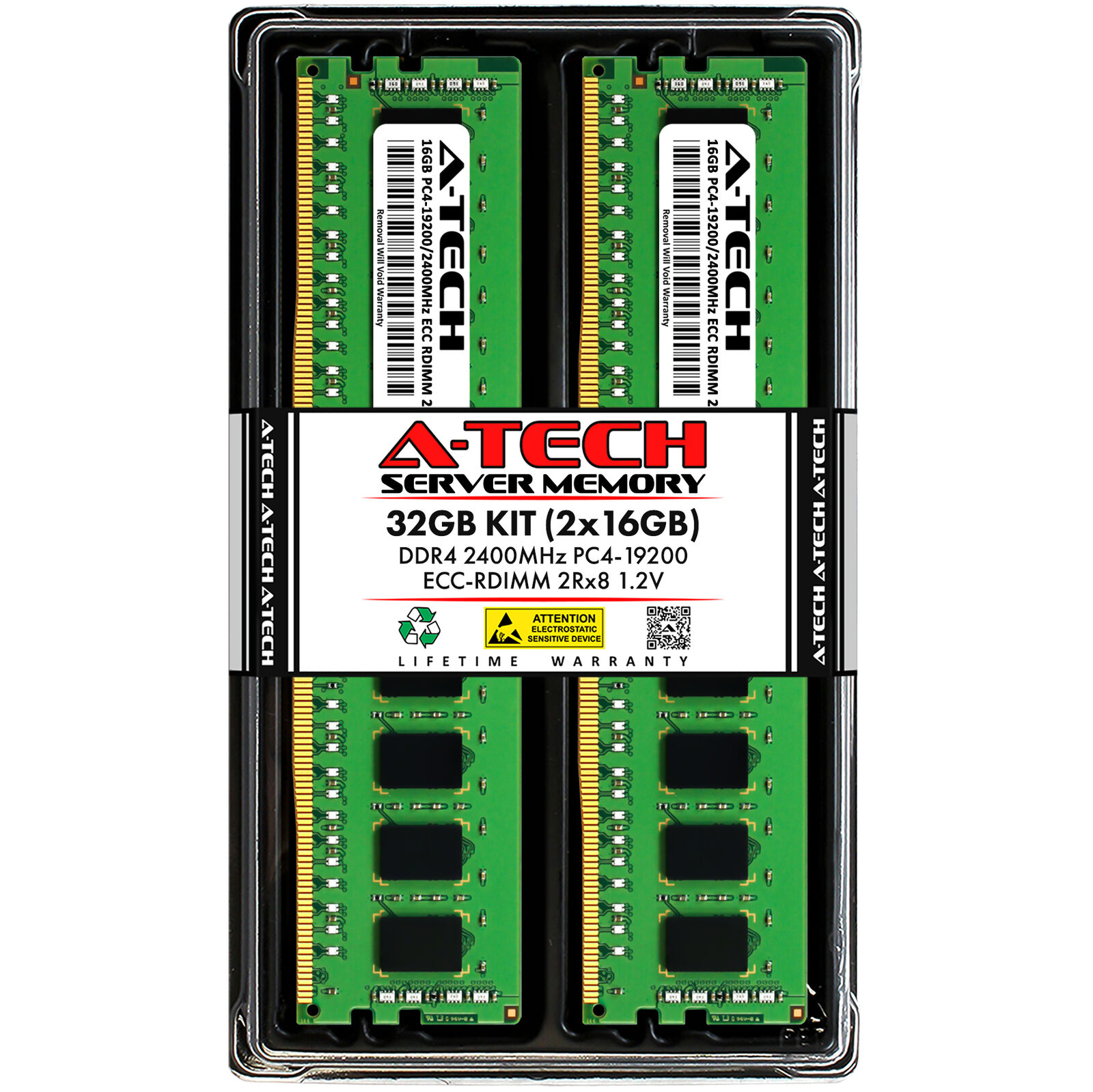 A-Tech 32GB 2x 16GB 2Rx8 PC4-19200R DDR4 2400MHz ECC REG RDIMM Server Memory RAM
