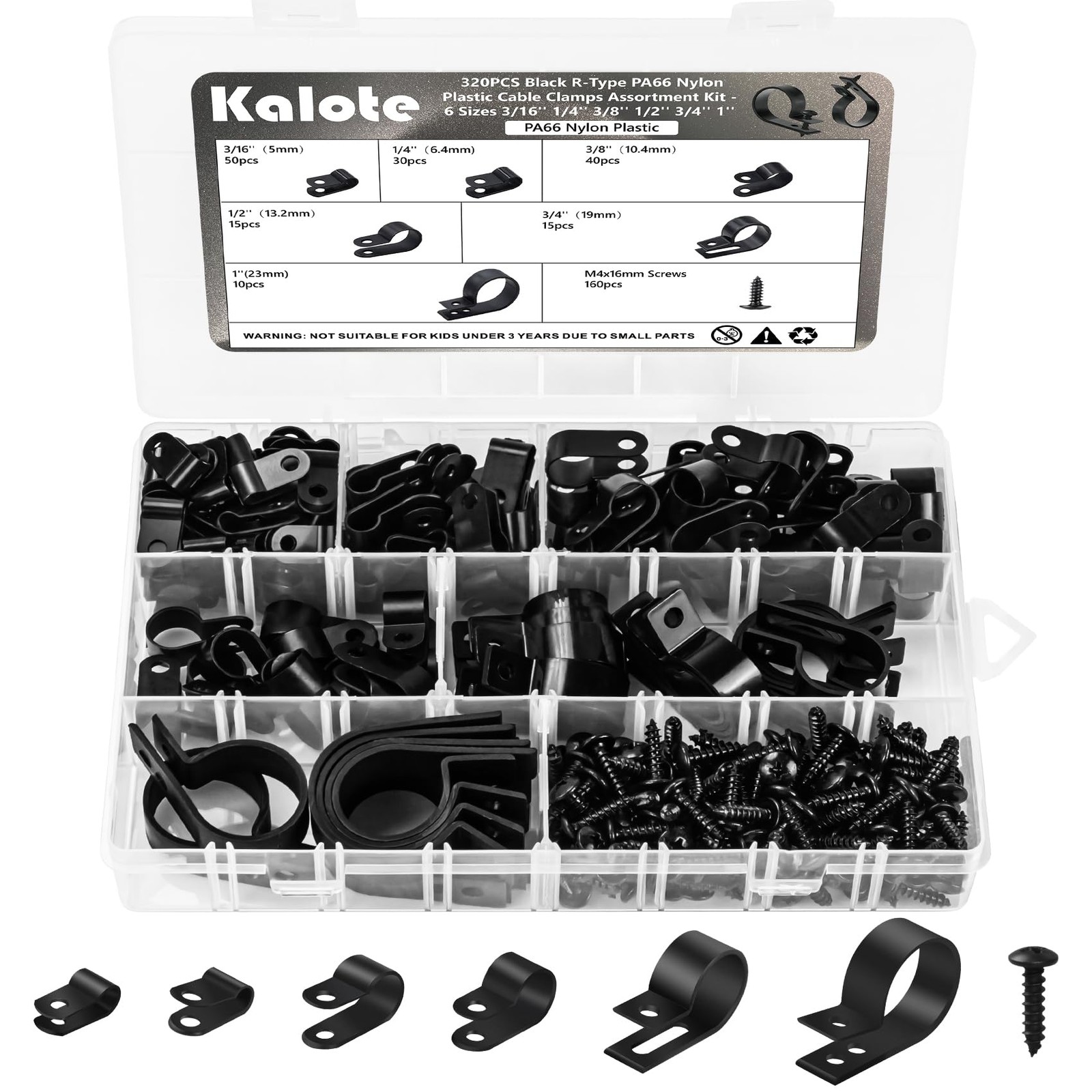 320PCS Black R Cable Clips 6 Sizes 3/16 1/4 3/8 1/2 3/4 1 Inch Nylon Kit