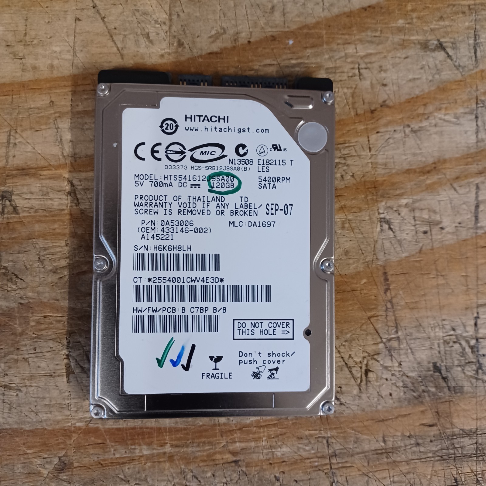 Hitachi HTS541612J9SA00 120GB 5400RPM 2.5" SATA HDD