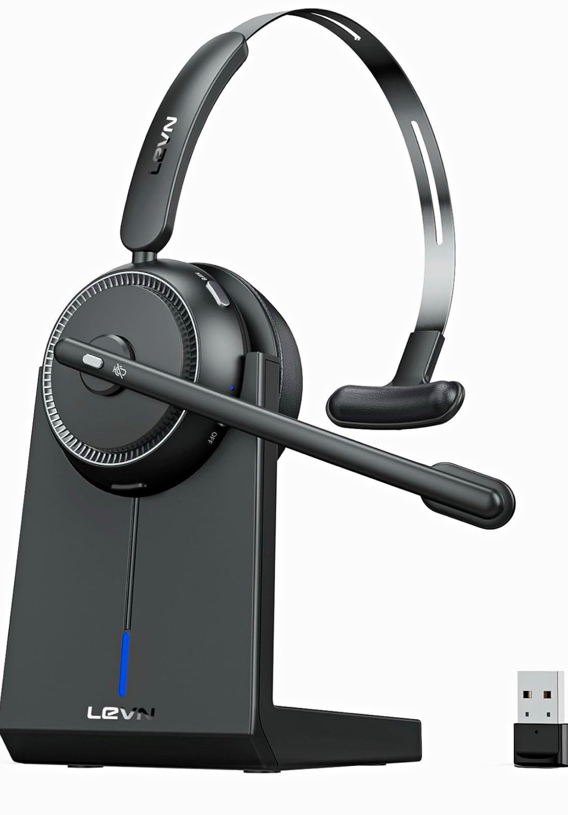 Wireless Headset with Mic for Work, Bluetooth Headset(Charging Base & Mute)