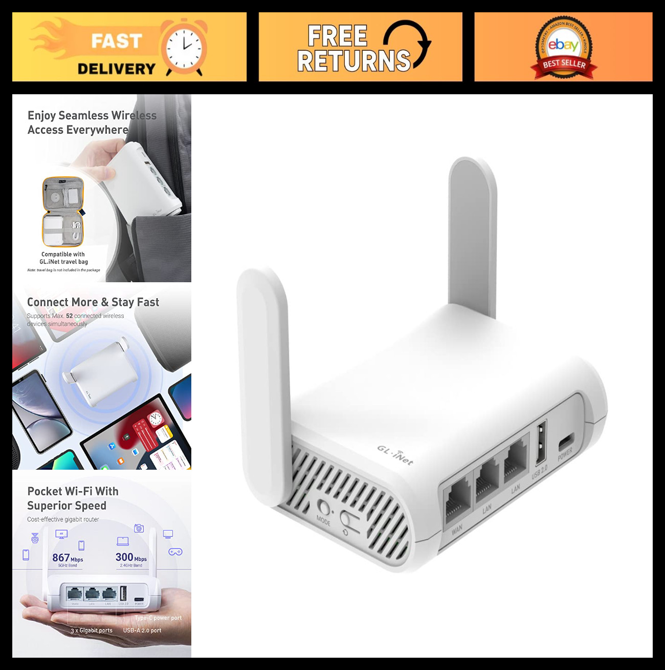 Portable WiFi Travel Router, Mini VPN Wireless Router, Dual Band Repeater for Ho
