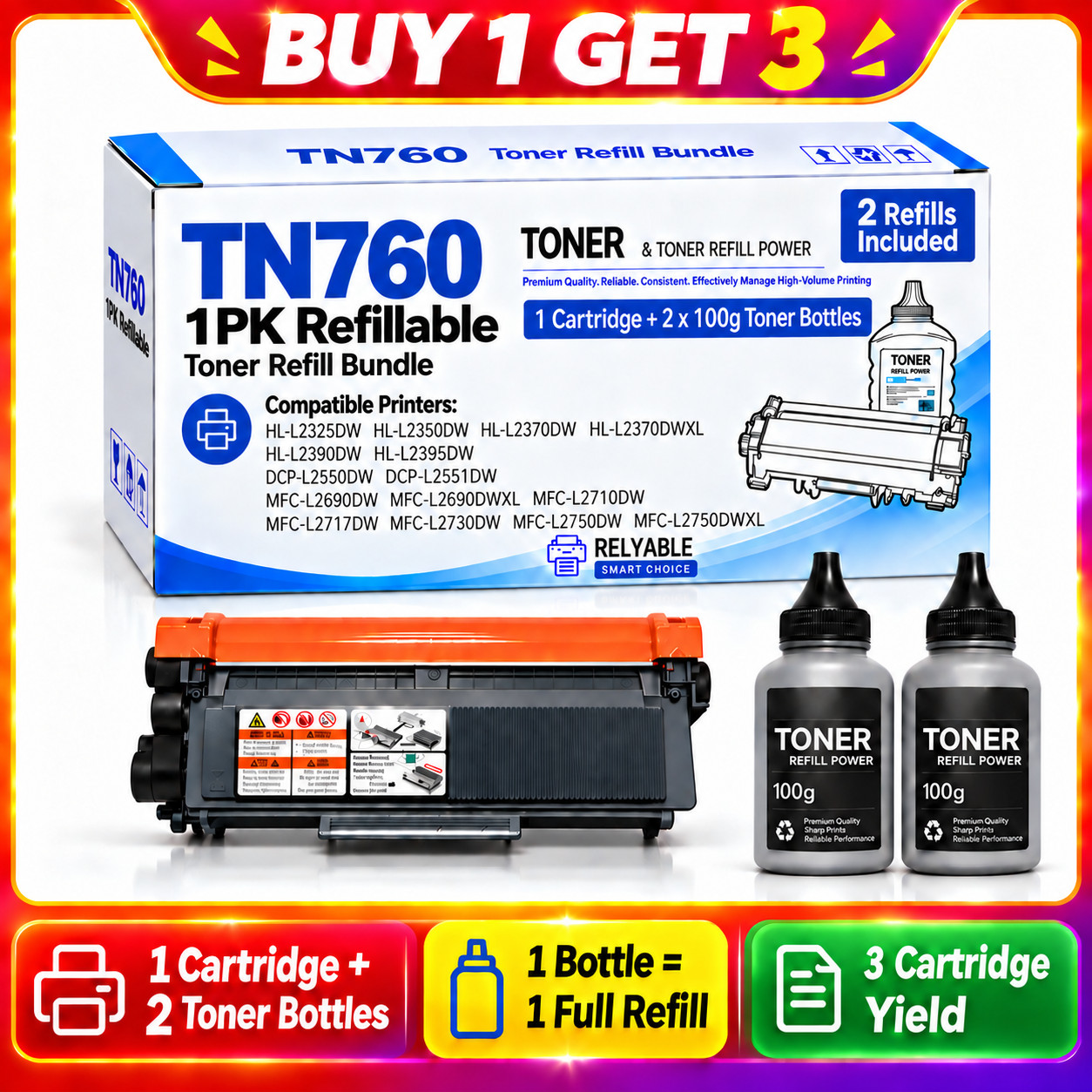 TN760 Refillable Toner Cartridge for Brother HL-L2350DW MFC-L2710DW + 2 Refills