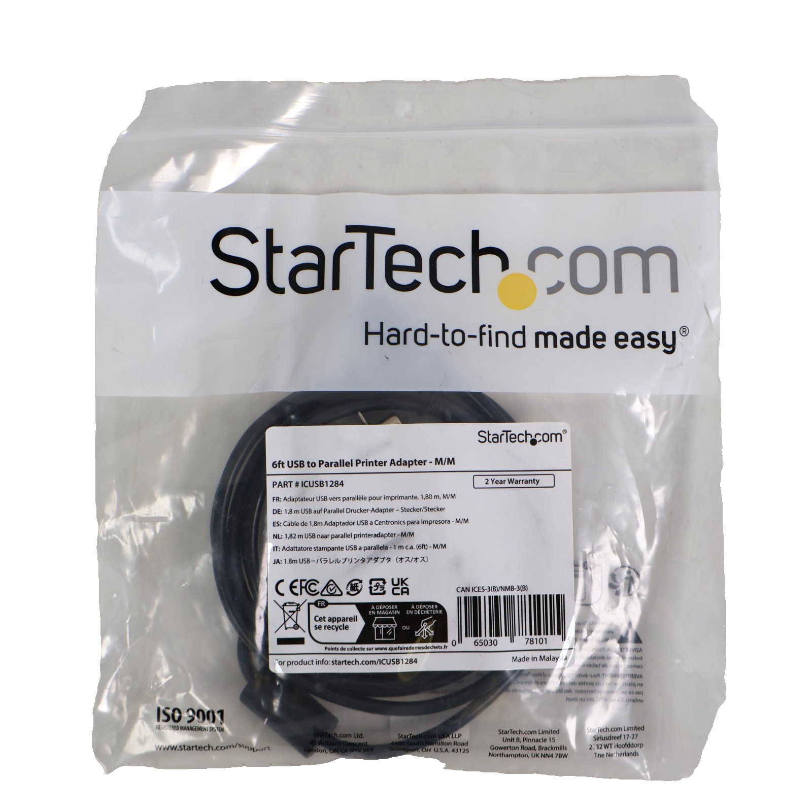 StarTech.com 6 ft. (1.8 m) USB to Parallel Port Adapter ICUSB1284 Male/Male