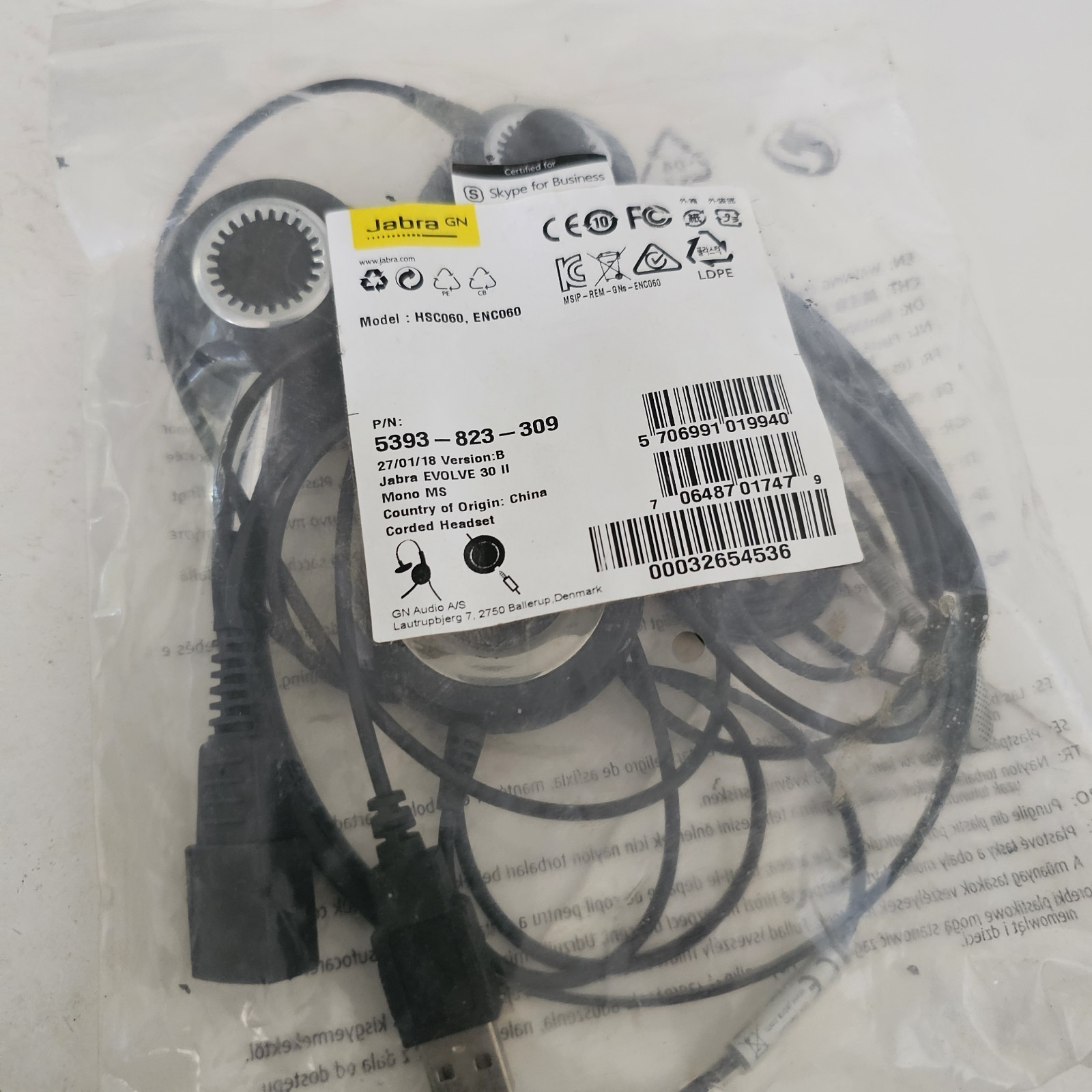 BRAND NEW Jabra HSC060 ENC060 5393-823-309 Evolve 30 II Mono MS Wired Headset