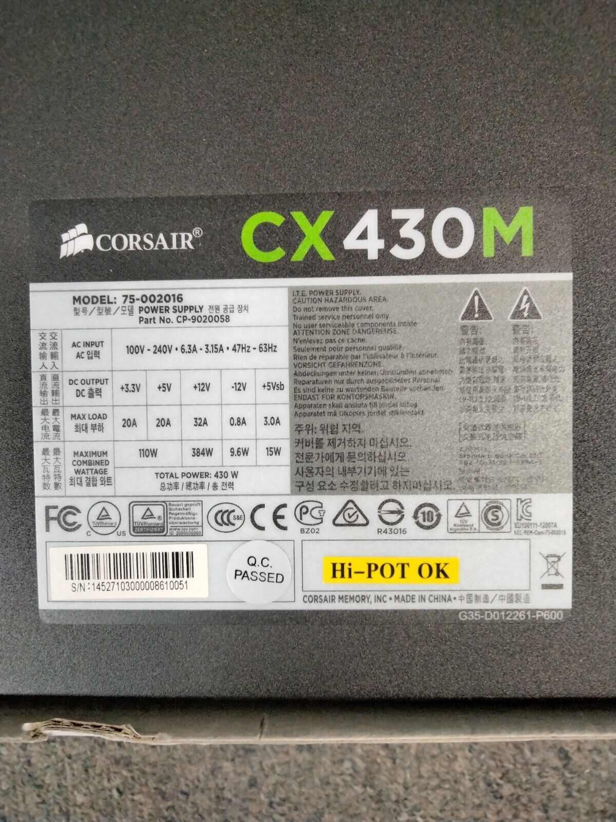 CORSAIR CX430M Power Supply, 430 Watt