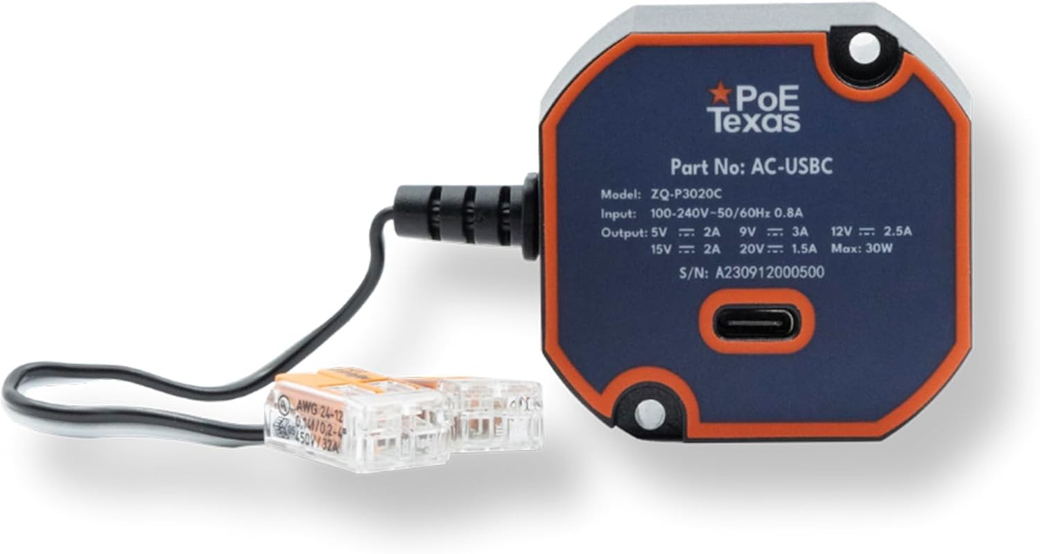 PoE Texas in-Wall AC to USB-C Power Adapter, 30W 2x4 inches, black