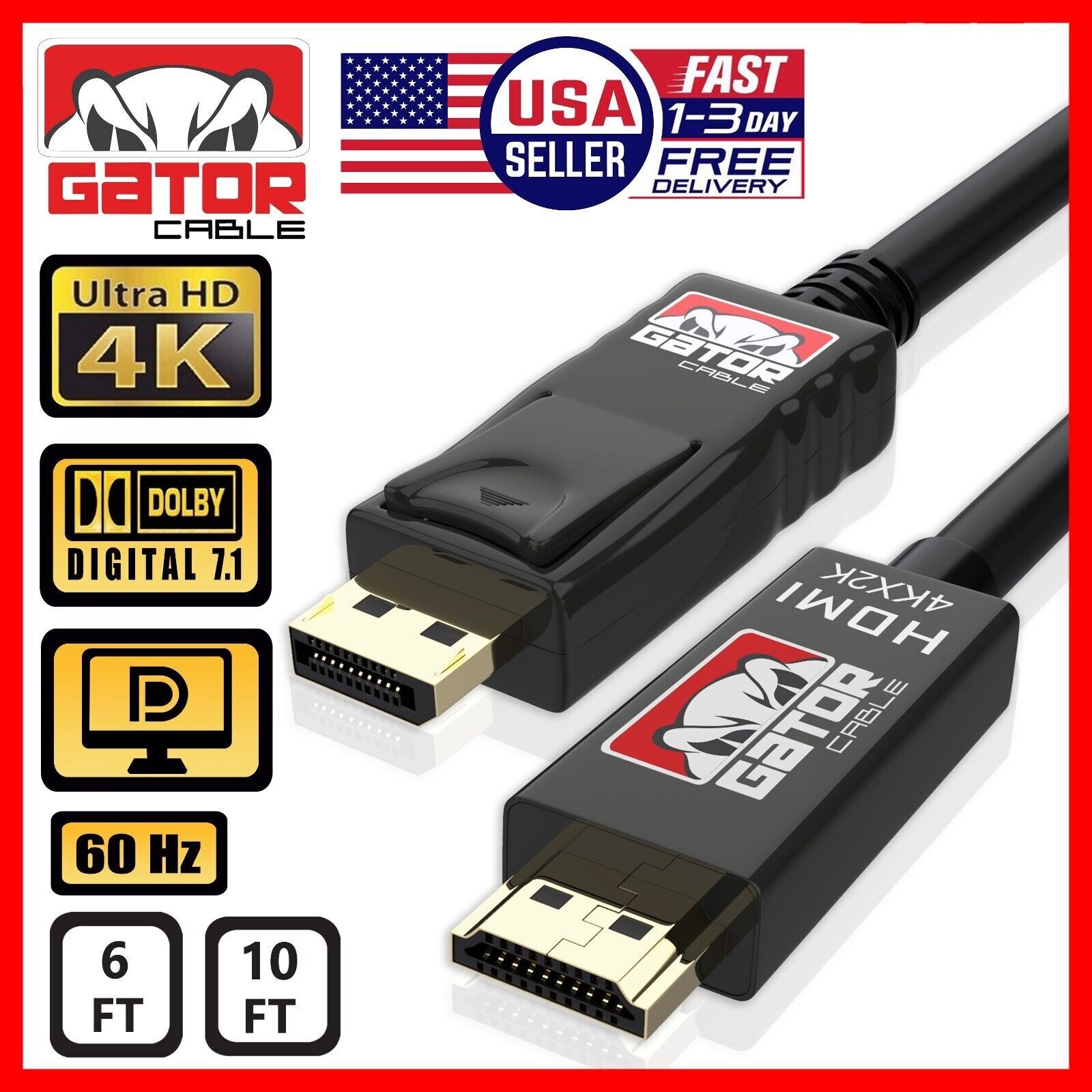 4K DisplayPort to HDMI Cable 60Hz 2160P 25.92Gbps HDR Audio Video Adapter PC DP