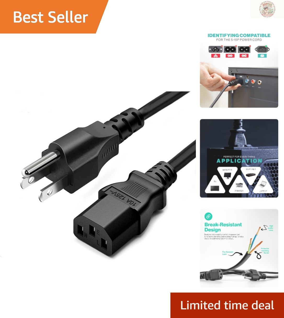 Versatile 20ft 3-Prong AC Power Cord - Ideal for Monitors, Printers & TVs