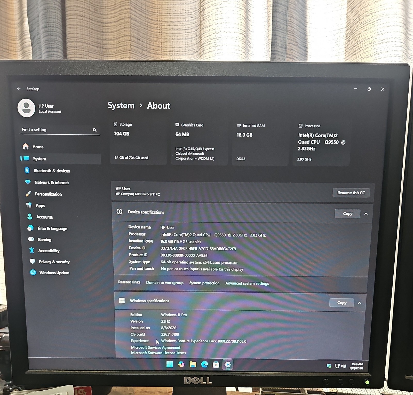 HP Compaq 6000 Pro SFF Core 2 Quad Q9550 2.83GHz 16GB RAM 256GB SSD 500GB Win 11