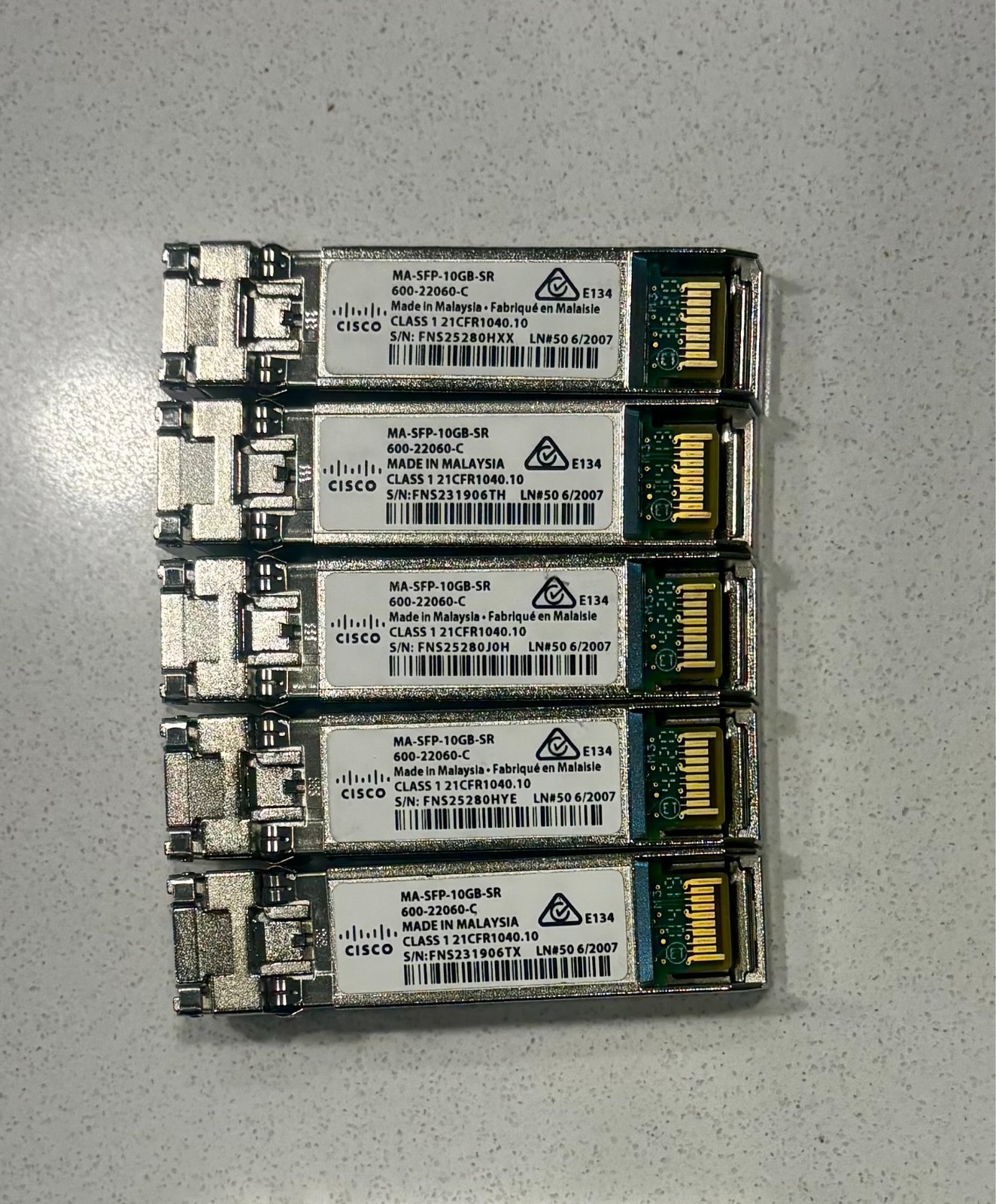 5x Cisco MA-SFP-10GB-SR Gigabit Fiber SFP+ Transceiver Modules - 600-22060-C