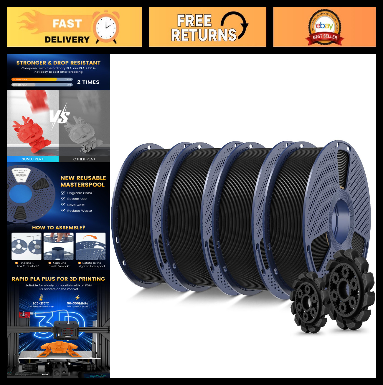 High-Quality Black PLA+ 3D Printer Filament, 4-Pack (4KG) for Superior Printing