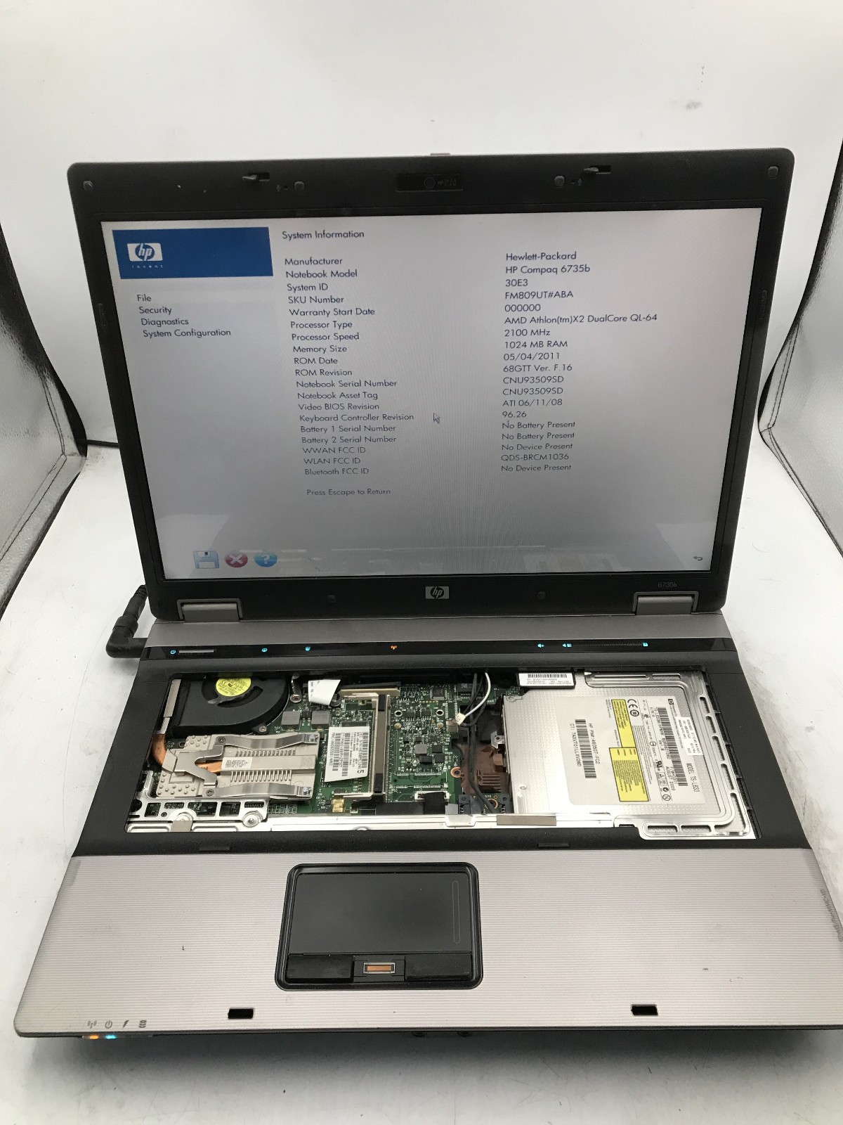 HP COMPAQ 6735B - BOOTS TO BIOS - AMD TURION X2 - NO RAM - 15" - READ DESC - BB