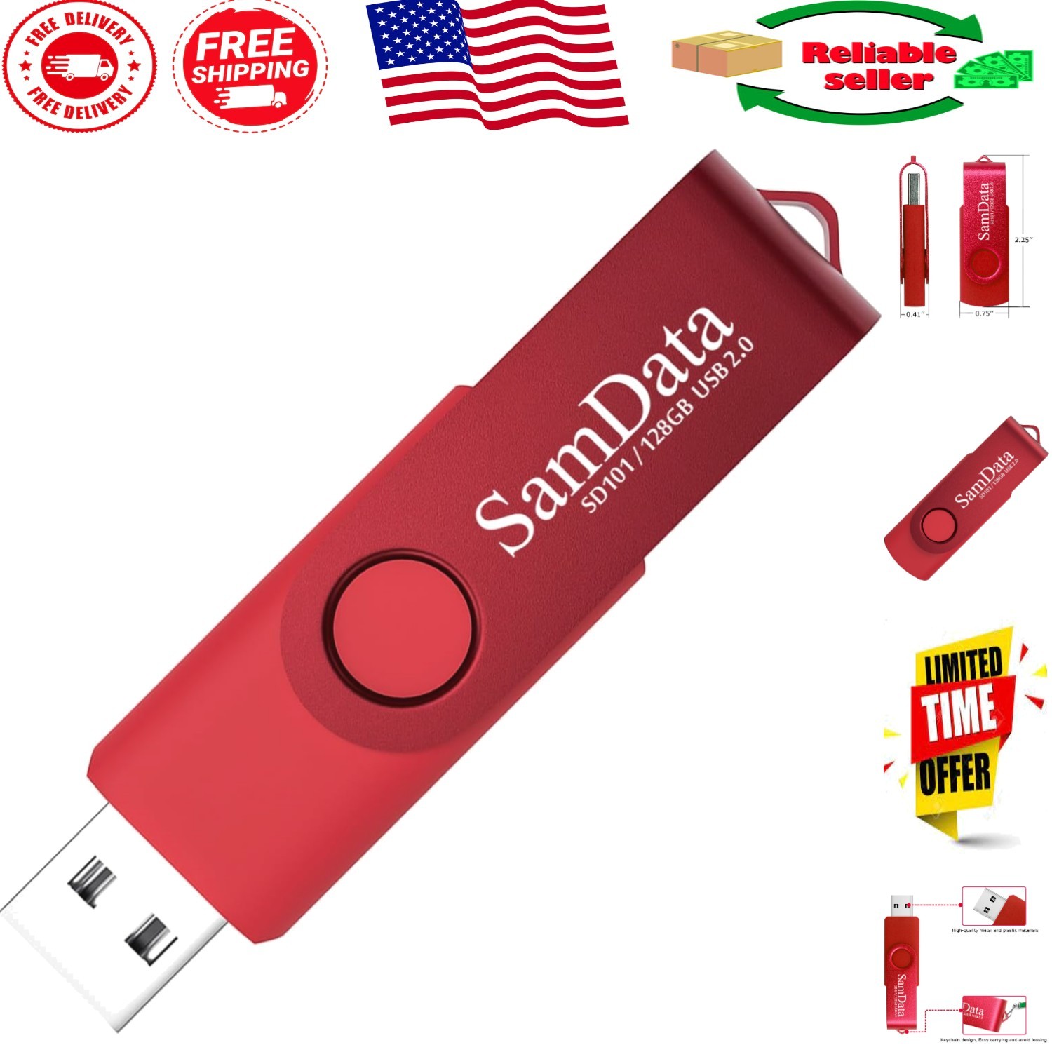 Elegant 128GB USB 2.0 Flash Drive in Red - Shockproof & Stylish Storage Solution