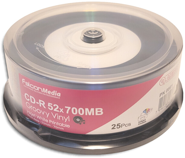FalconMedia Digital-Vinyl White Inkjet Hub/Diamond Black 52X 80-Min CD-Rs 100-Pk
