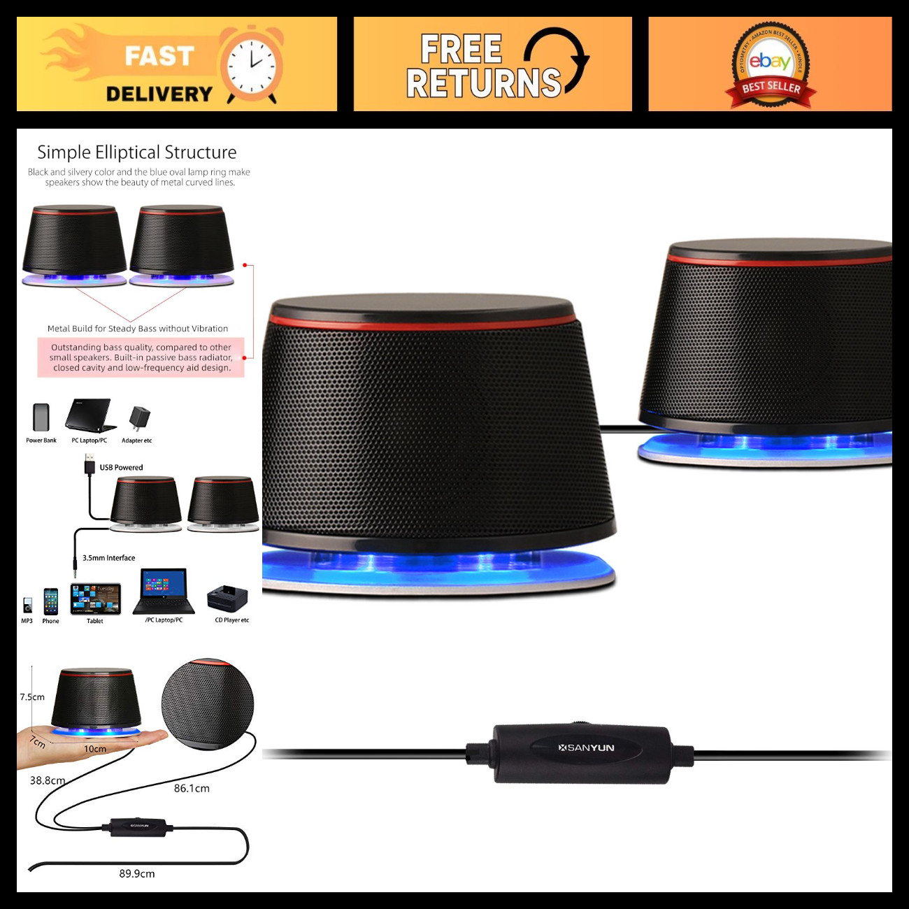 2.0 USB Powered Computer Speakers for Desktop & Laptop - High-Quality Sound