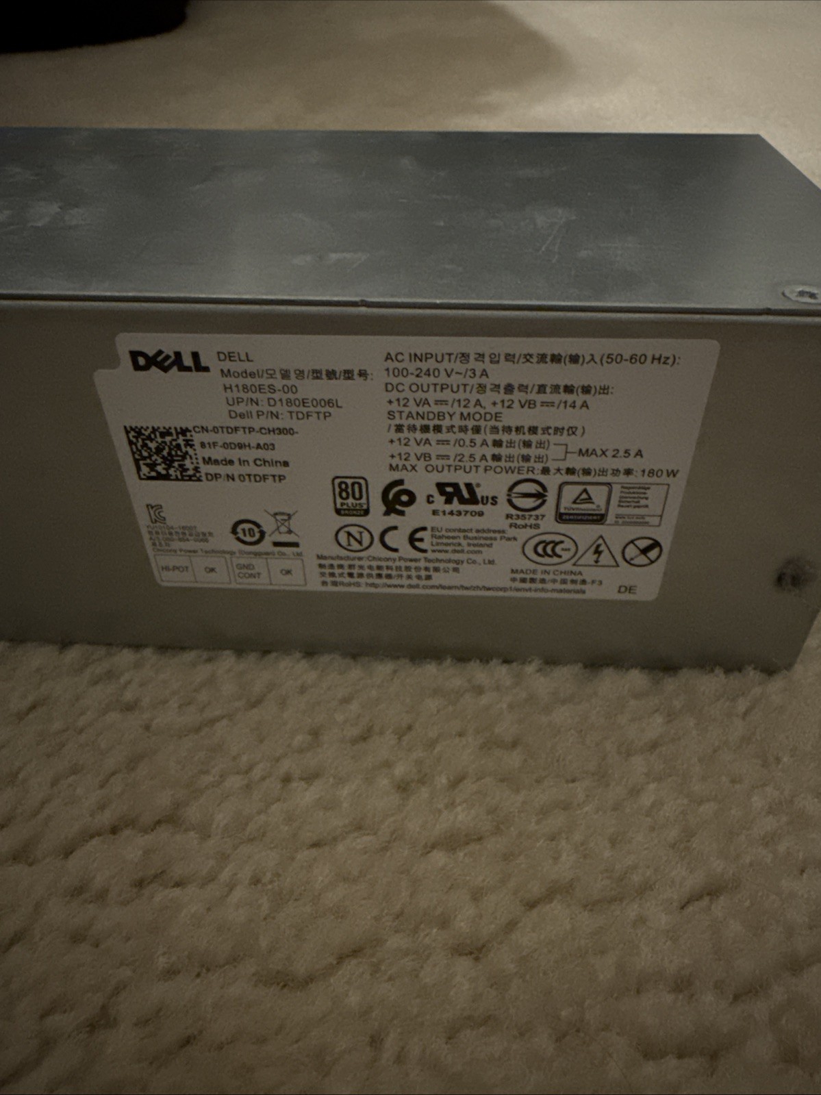 DELL AC180AS-01 POWER SUPPLY 24 4 PINS 6 PINS 180 WATTS