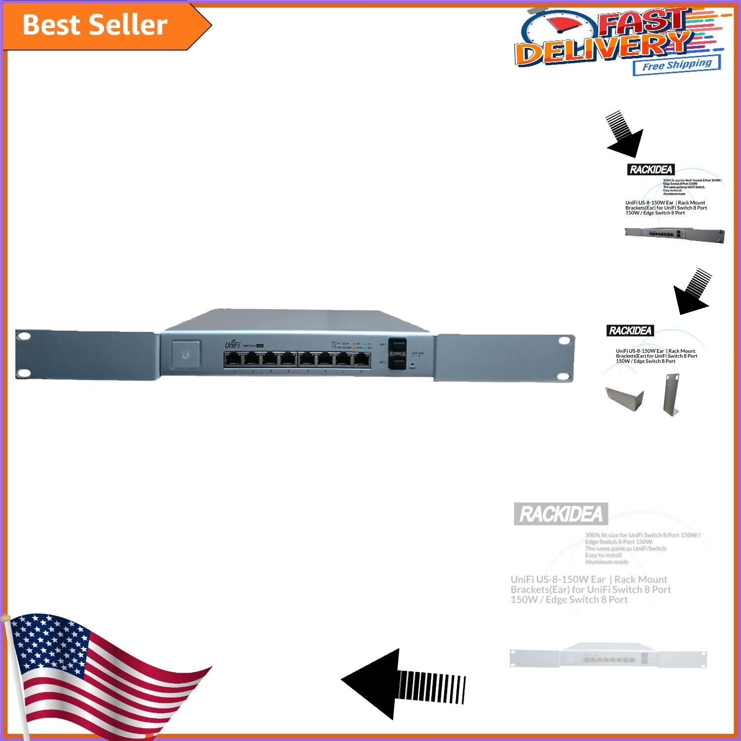 Complete Mounting Solution: UniFi Switch 8 Port 150W Rack Brackets - Aluminum