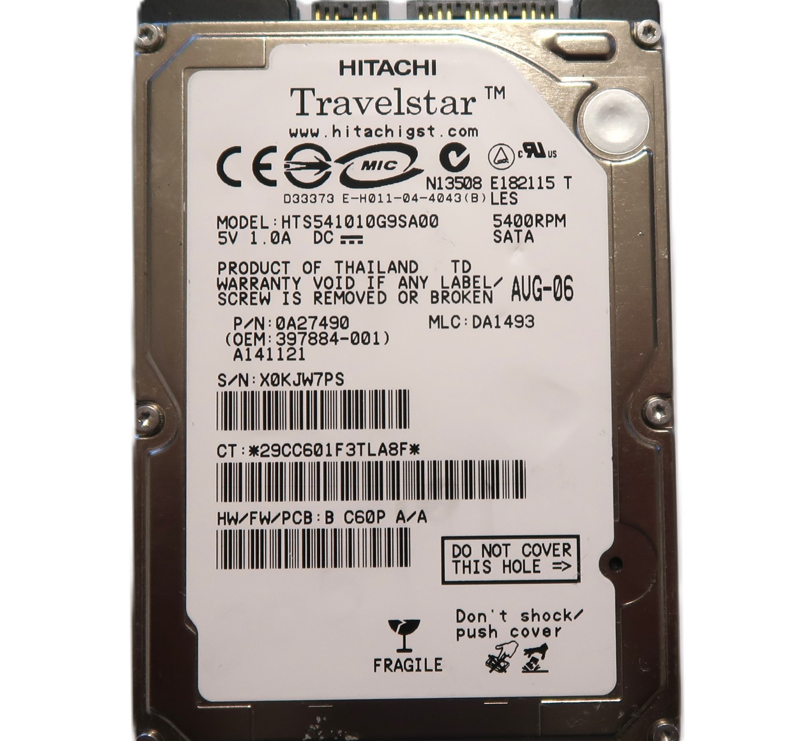Hitachi HTS541010G9SA00 0A27490 DA1493 (X0K) Thailand 2.5" 100gb Sata HDD AUG-06