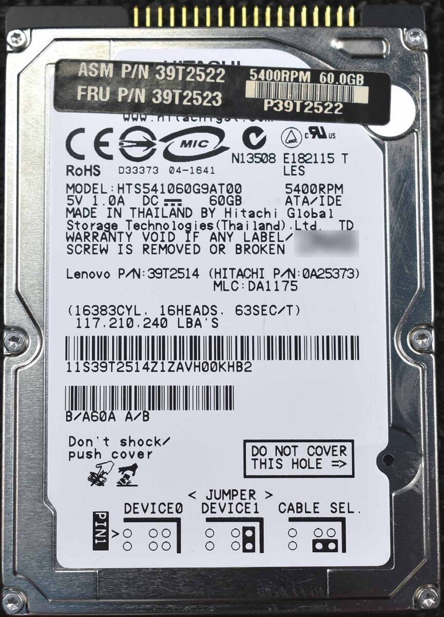 HITACHI HTS541060G9AT00 [60GB 2.5-inch 9.5mm SATA HDD 2006 model Use Time 4335H