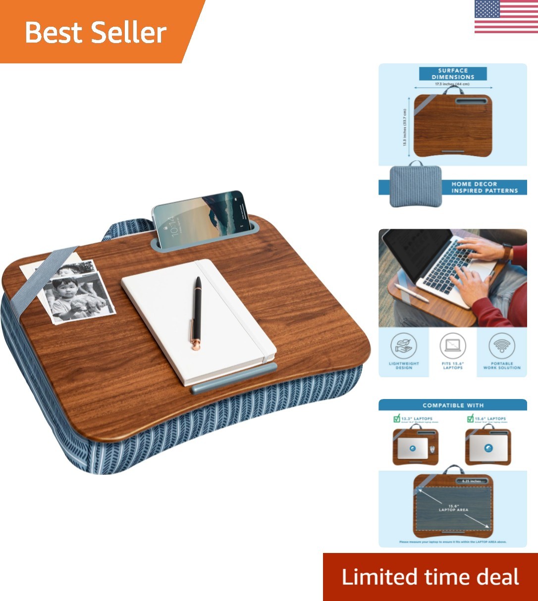 Comfortable Lap Desk with Cushion and Phone Slot - Perfect for 15.6” Laptops