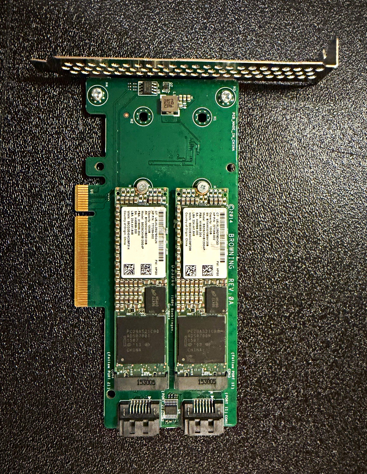 HP M.2 Dual SATA Enablement Card w/ 2x Intel 120GB M.2 SSD 777259-002 DL380