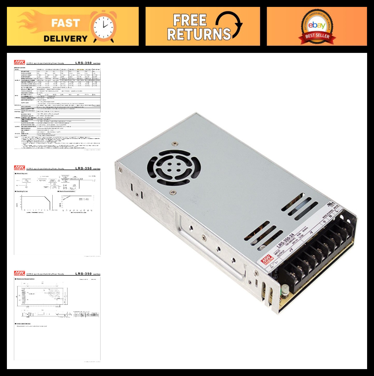 350W 24V Power Supply, 14.6A Single Output, Switchable Voltage, Reliable Perform