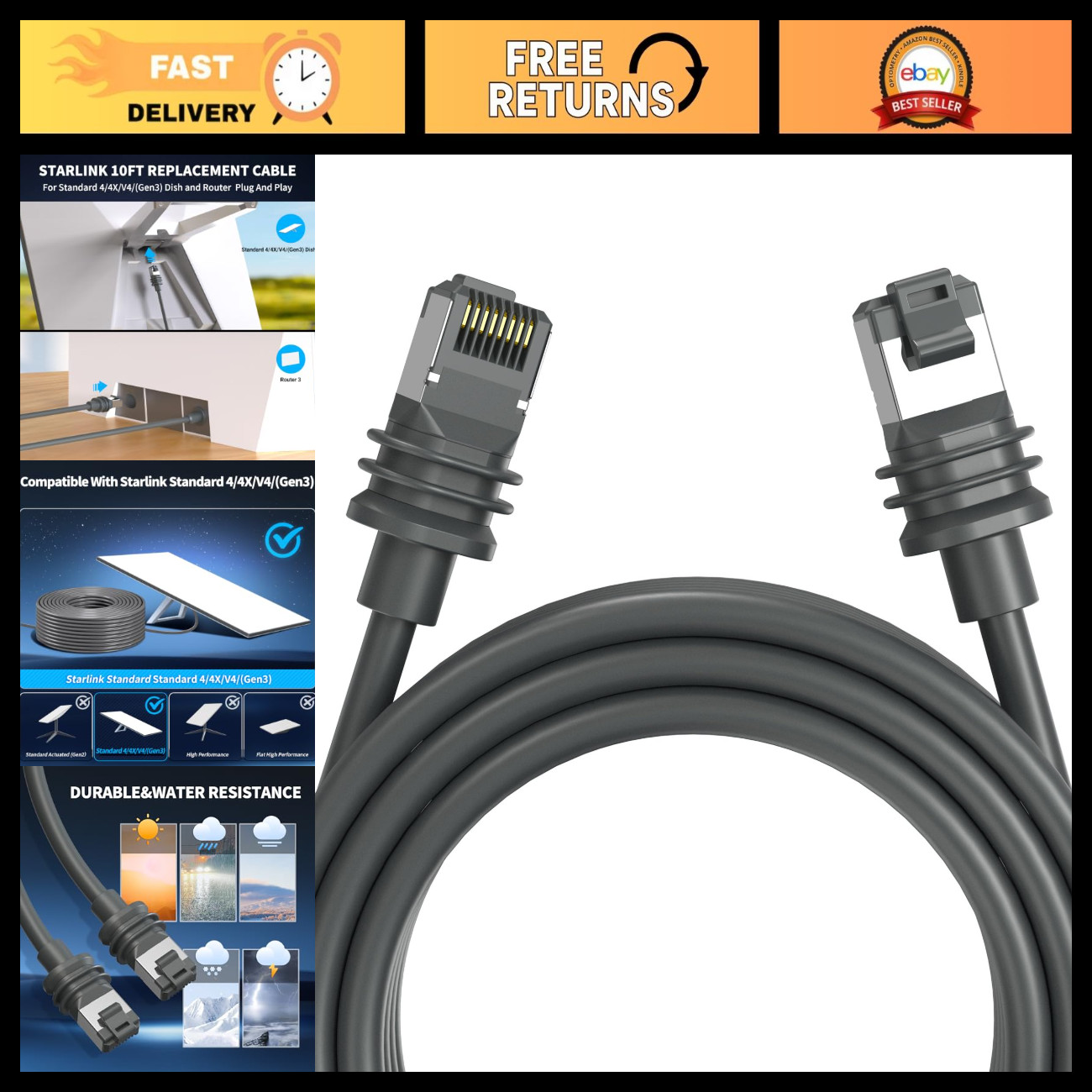 10FT 3M Ethernet Cable for Starlink Gen 3, 4, 4X, V4, V5 - High-Speed Connection