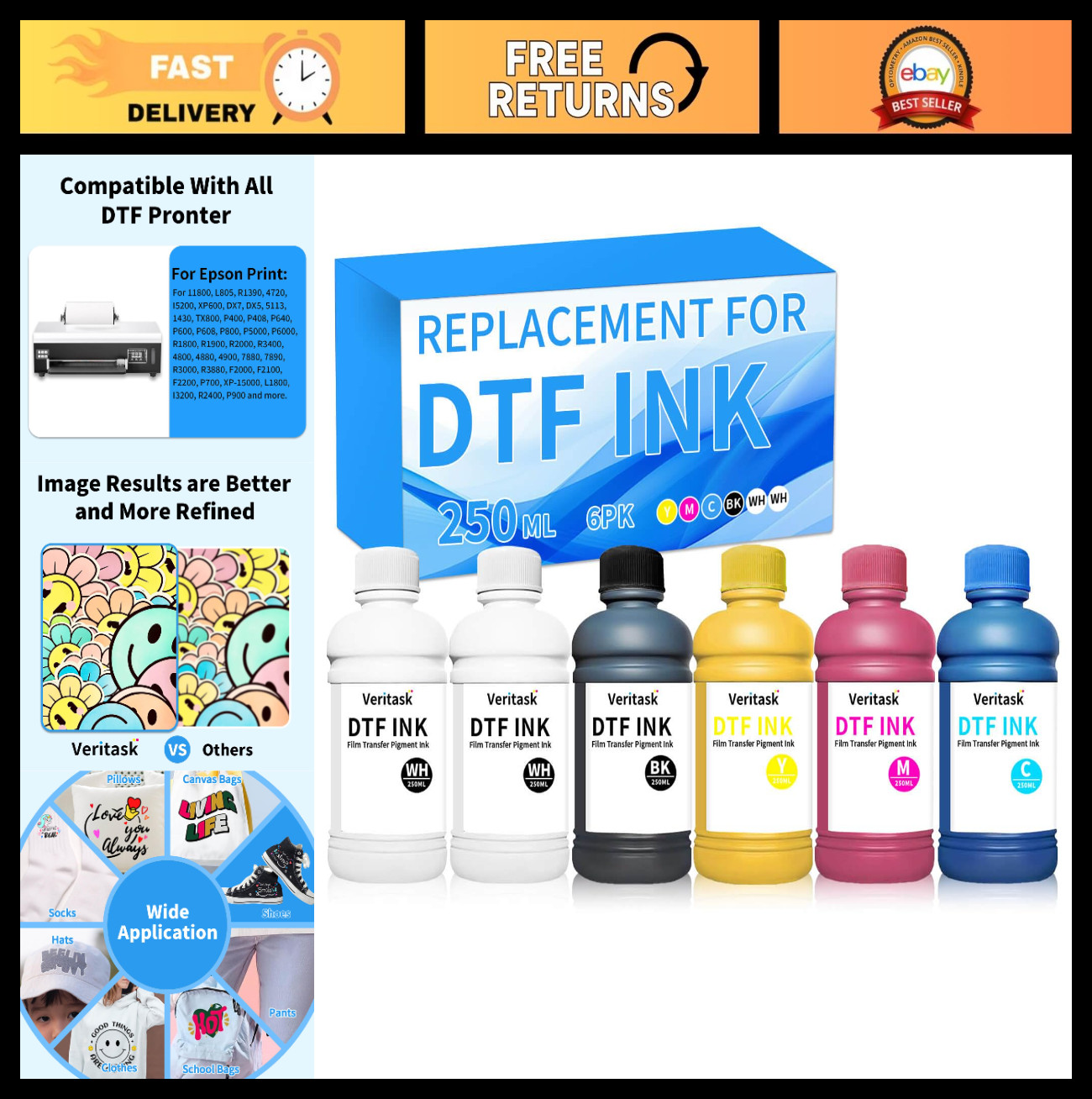 Vibrant DTF Ink Set 250ml x6 (CMYK + 2 White) - Durable Anti-Clog PET Film for P