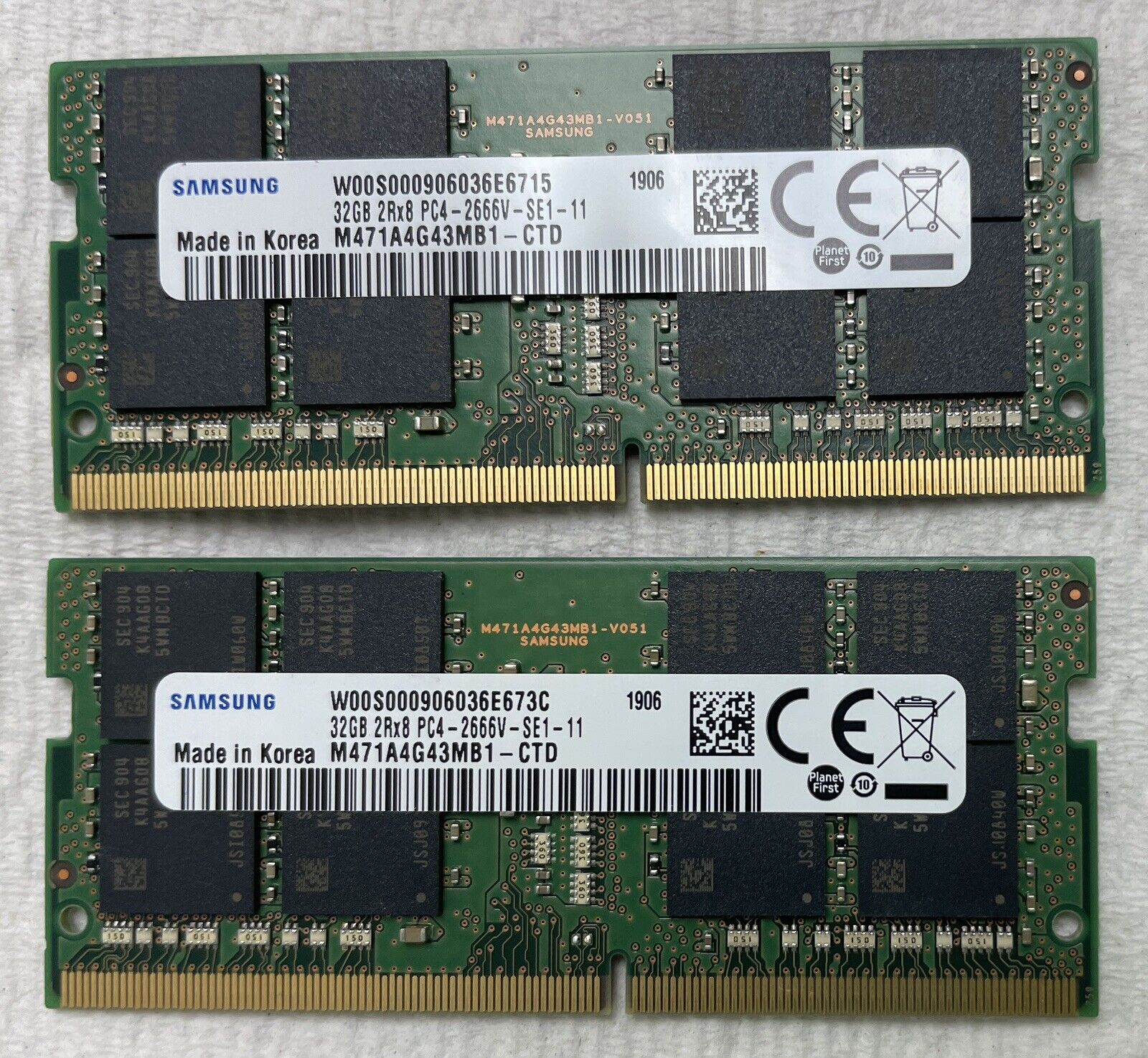 32GB 2Rx8 PC4-2666V Laptop Memory - SAMSUNG (LOT OF 2)