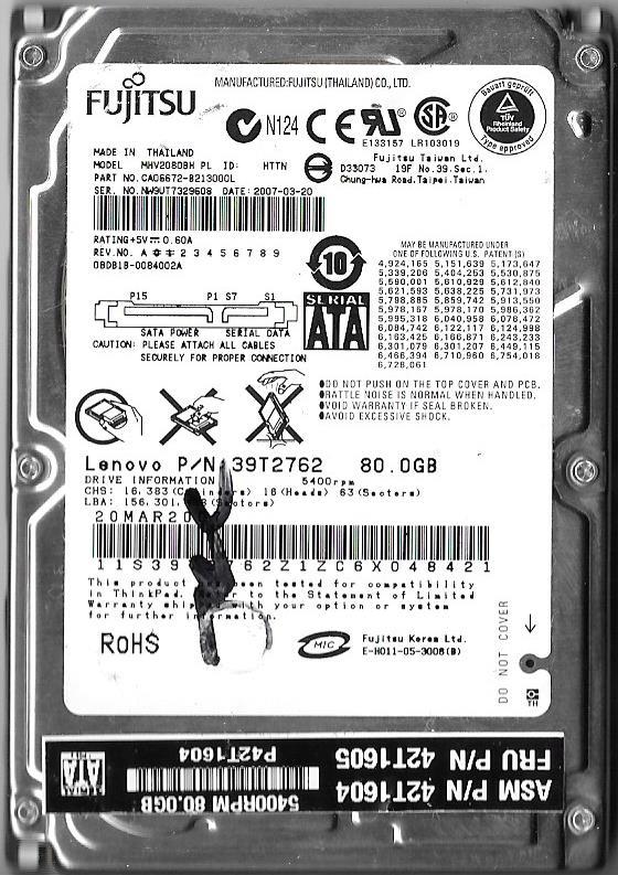 FUJITSU MHV2080BH 80GB SATA HARD DRIVE P/N: CA06672-B213000L