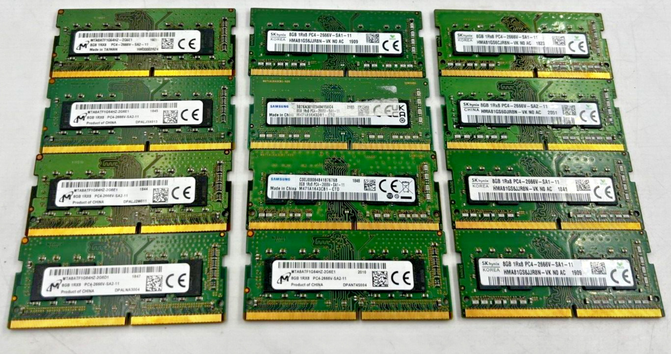 LAPTOP RAM -MIX LOT OF 12 8GB 1RX8 PC4 - 2666V  (SAMSUNG,SK HYNIX, MICRON)