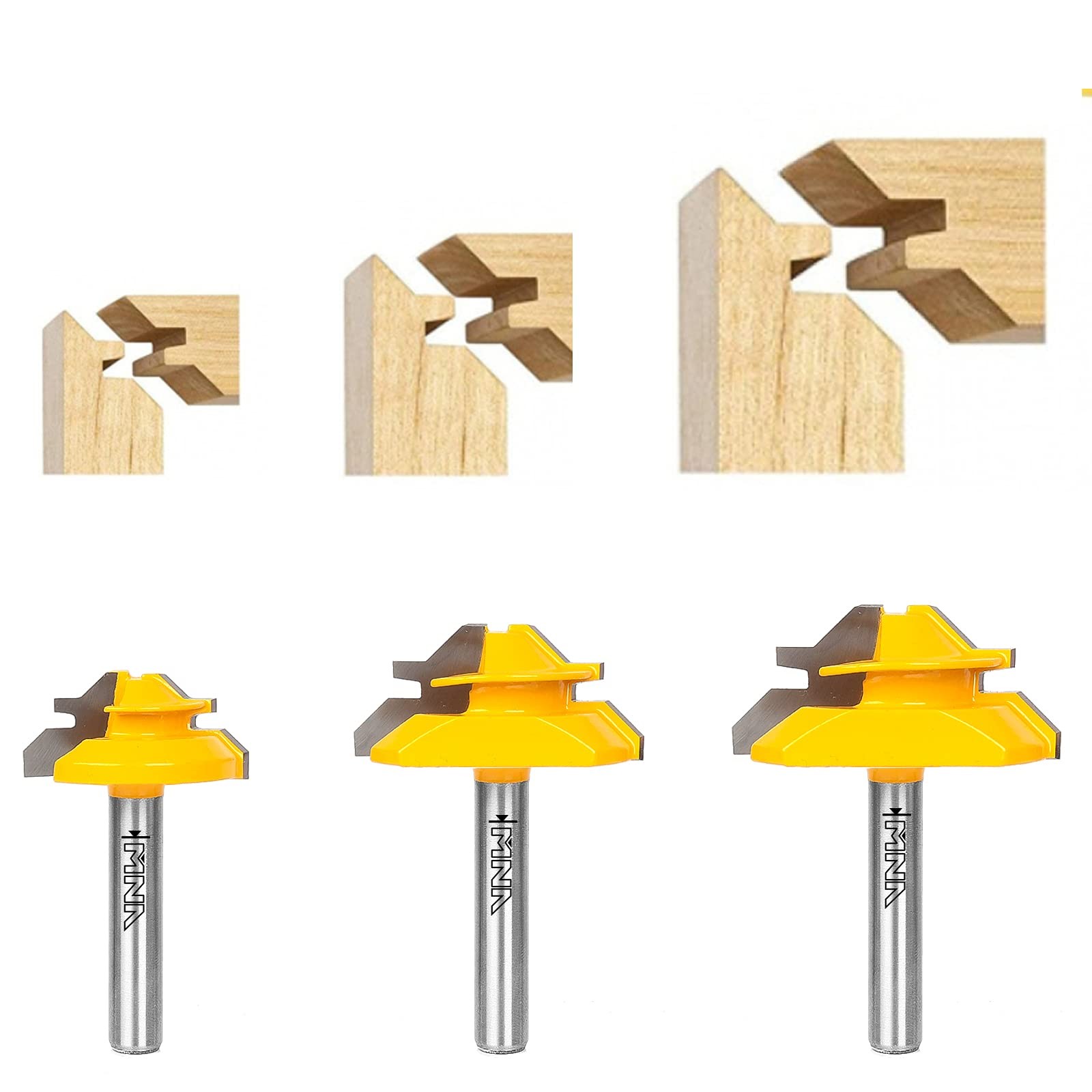 MNA 45 Degree Lock Miter Router Bit 3-Piece Set 1/4" Shank for 1/2" 5/8" 3/4" Cu