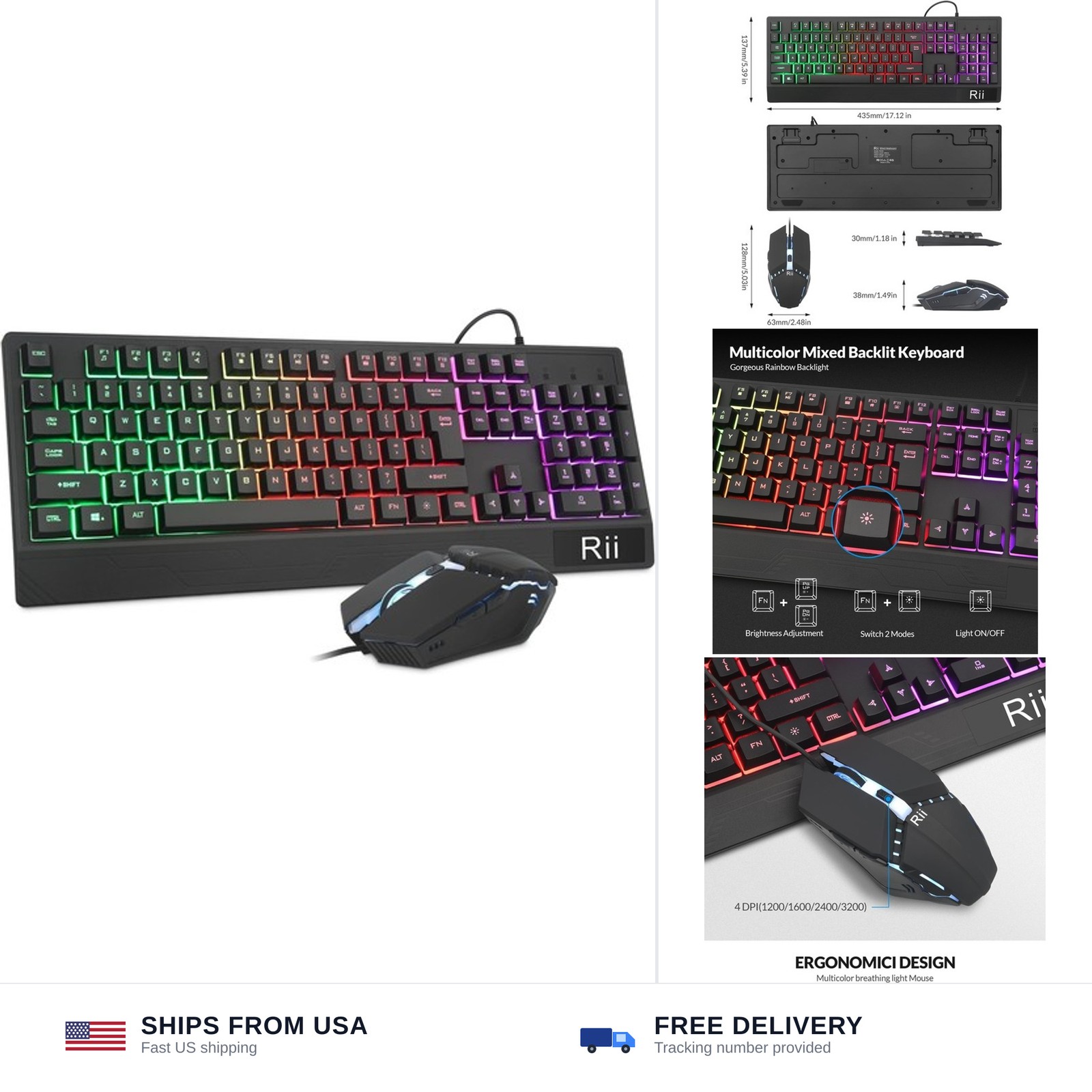 Rii Gaming Keyboard and Mouse Combo,USB Wired,104 Keys RGB LED Backlit Keyboa...