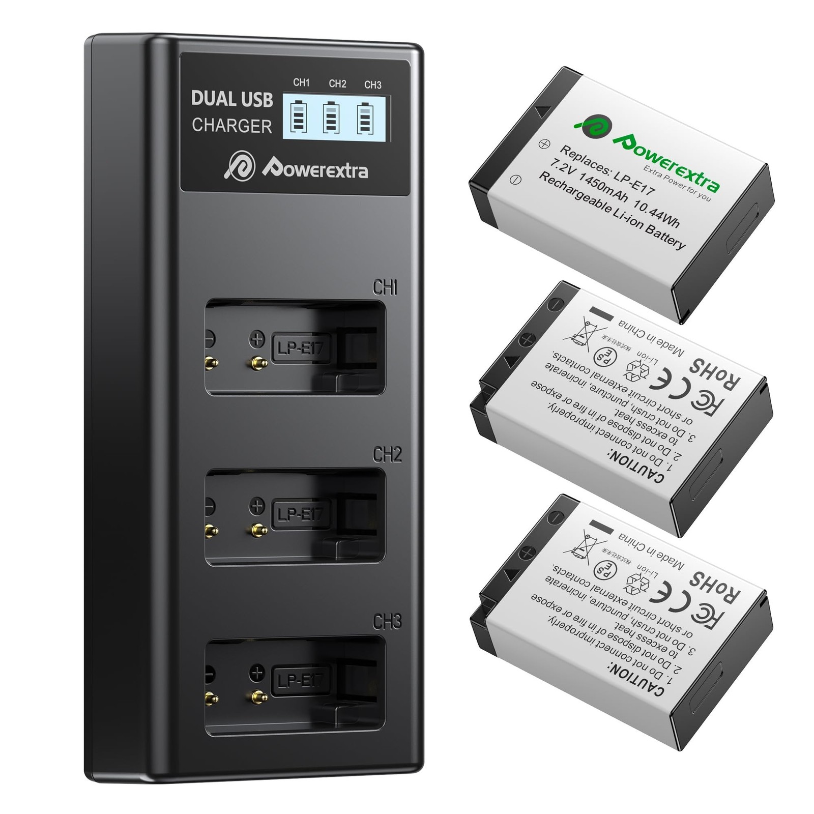 LP-E17 Battery (3 Pack1450mAh) and Upgraded 3-Slot LCD Charger