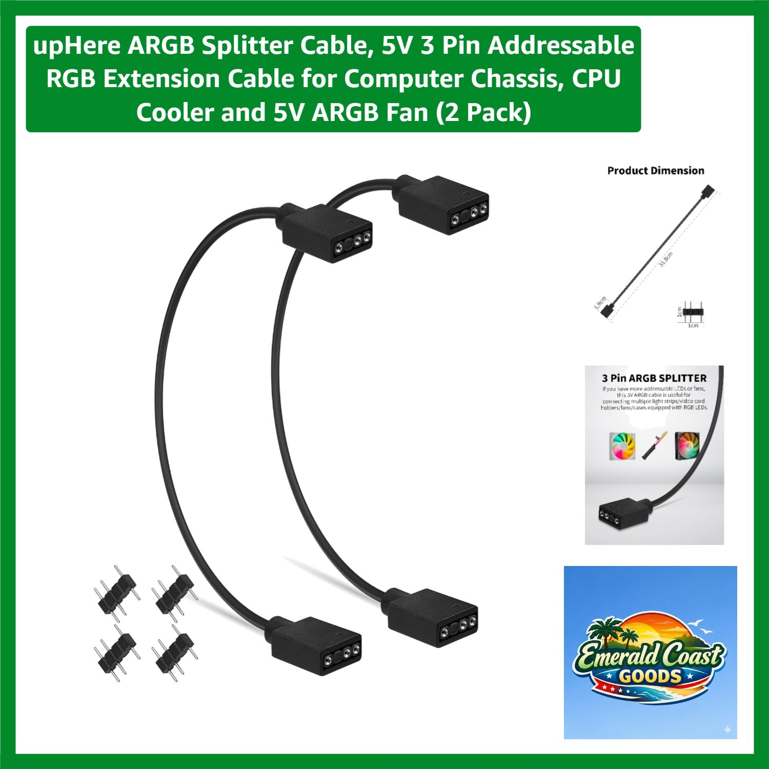 ARGB Splitter Cable, 5V 3 Pin Addressable RGB Extension Cable for Computer Ch...