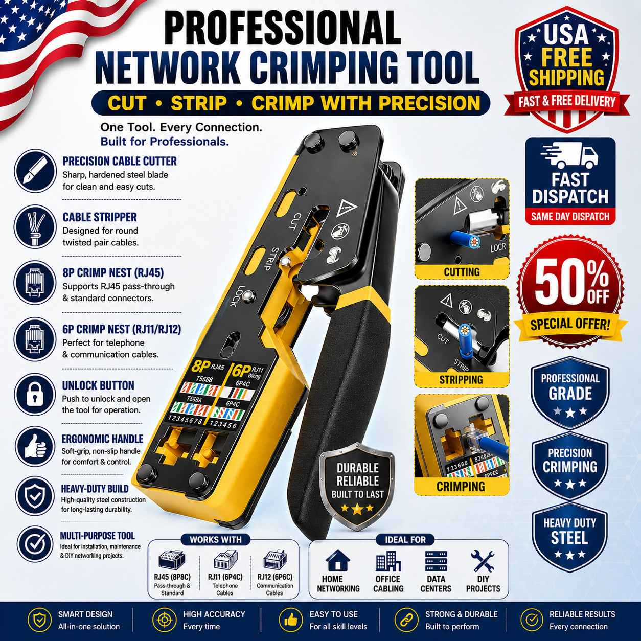 RJ45 Crimp Tool Pass Through Ethernet Crimper Cat6 Cat5e Cat5 RJ45 RJ11