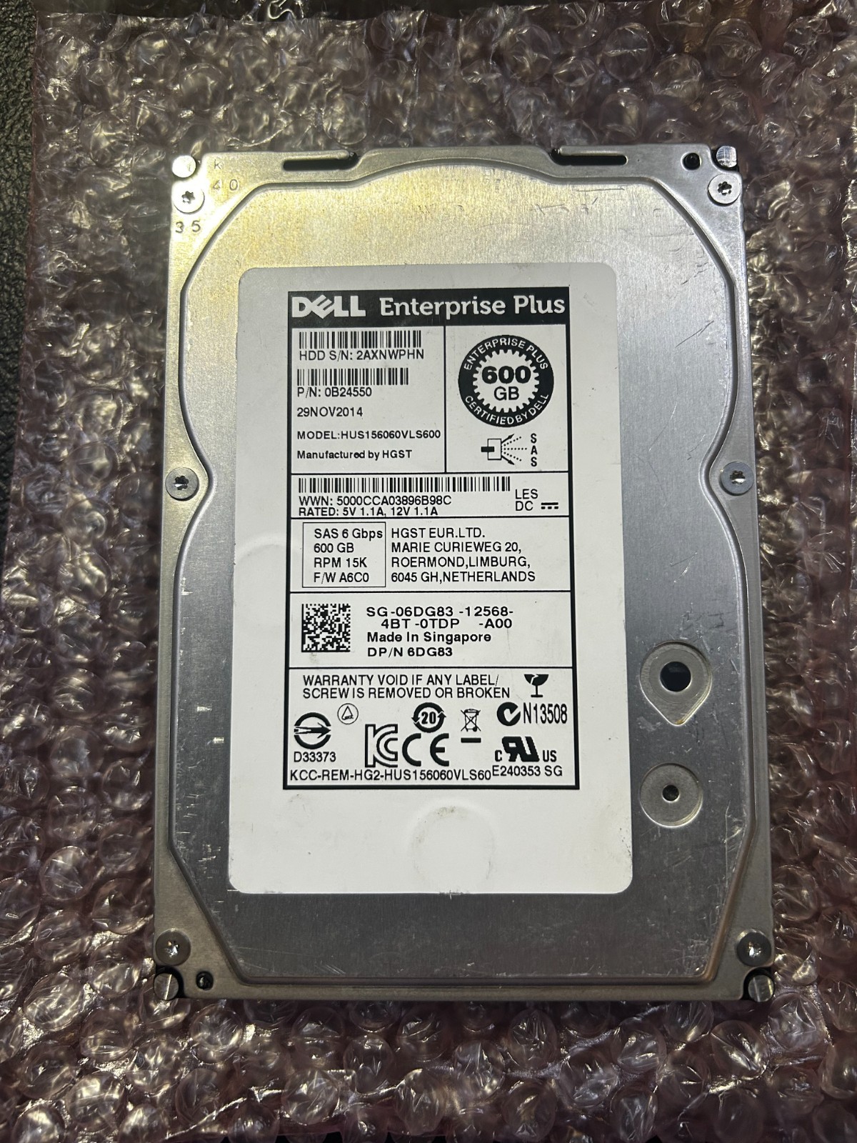 Dell Compellent 06DG83 600GB SAS 15K Hard Drive, 6DG83, HUS156060VLS600 0B24550