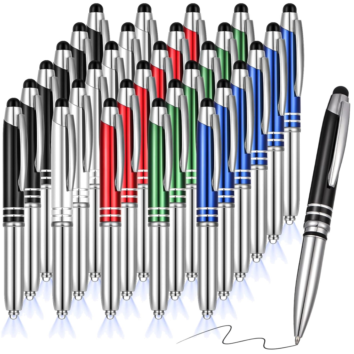 Versatile 30-Piece Aluminum Stylus Ballpoint Pen Set with LED Flashlight