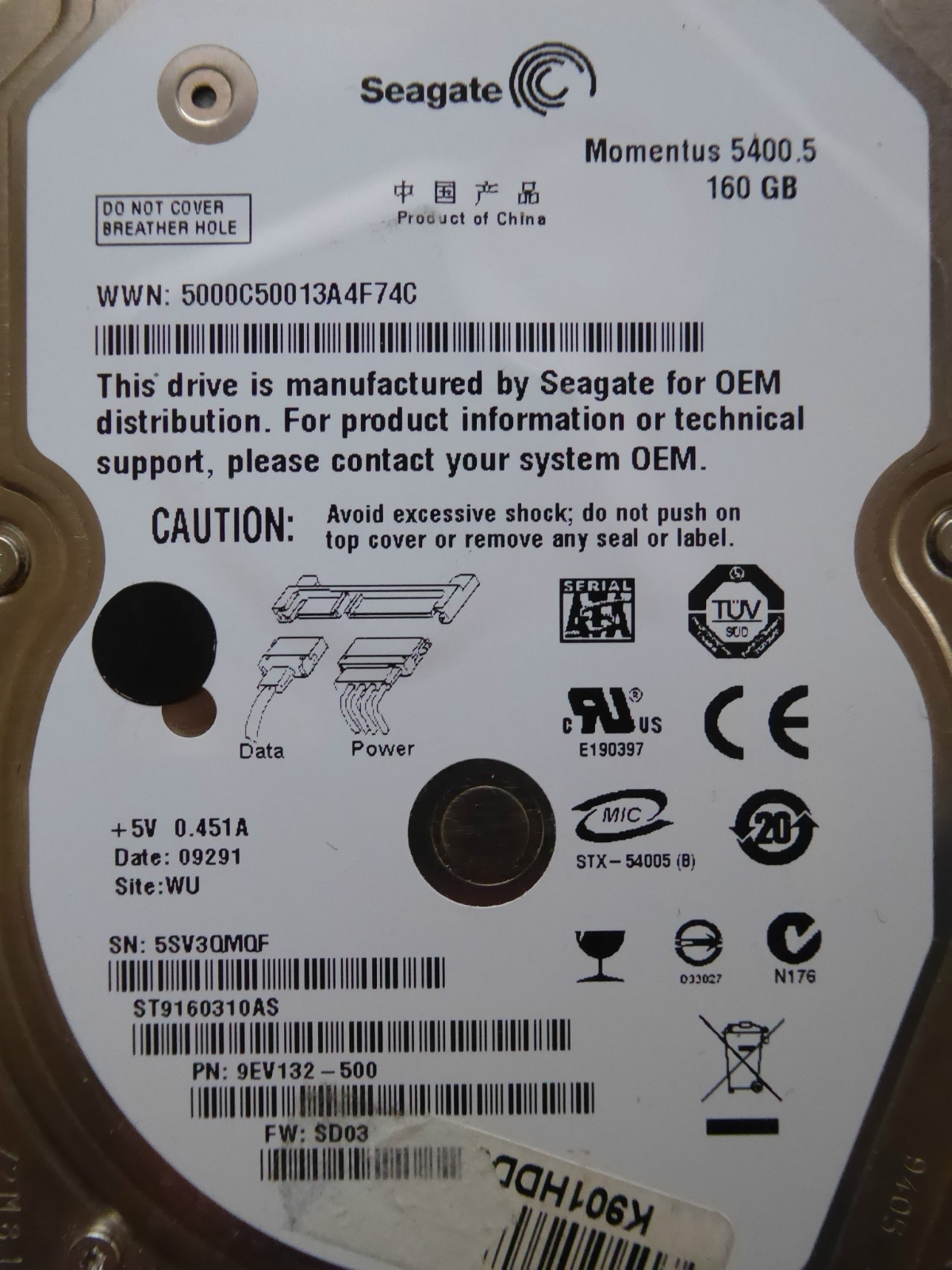 160GB Seagate ST9160310AS / 9EV132-500 / SD03 / WU / 100513491 RevA * 