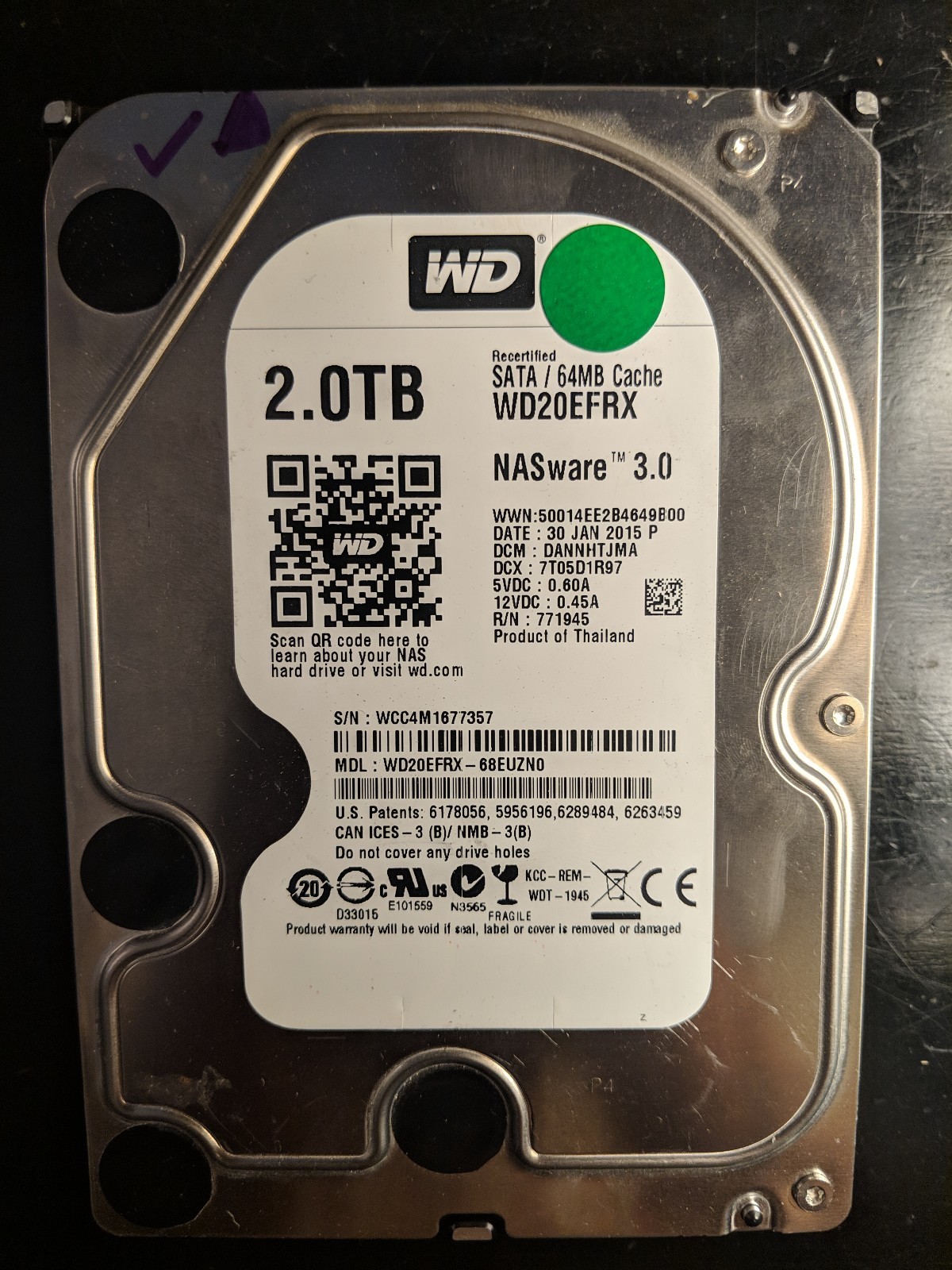 TESTED DONOR - Western Digital WD20ERFX-68EUZN0 DANNHTJMA 2060-771945-001  2 TB 
