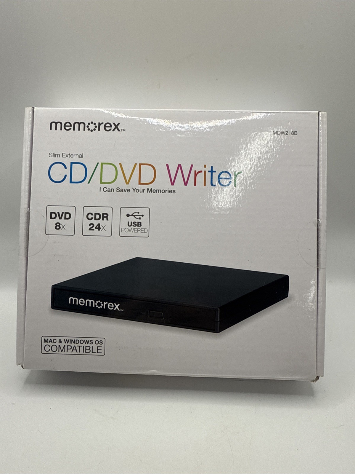 Memorex MDW218B Slim External CD/DVD Writer DVD 8X CDR 24X USB Powered Burner