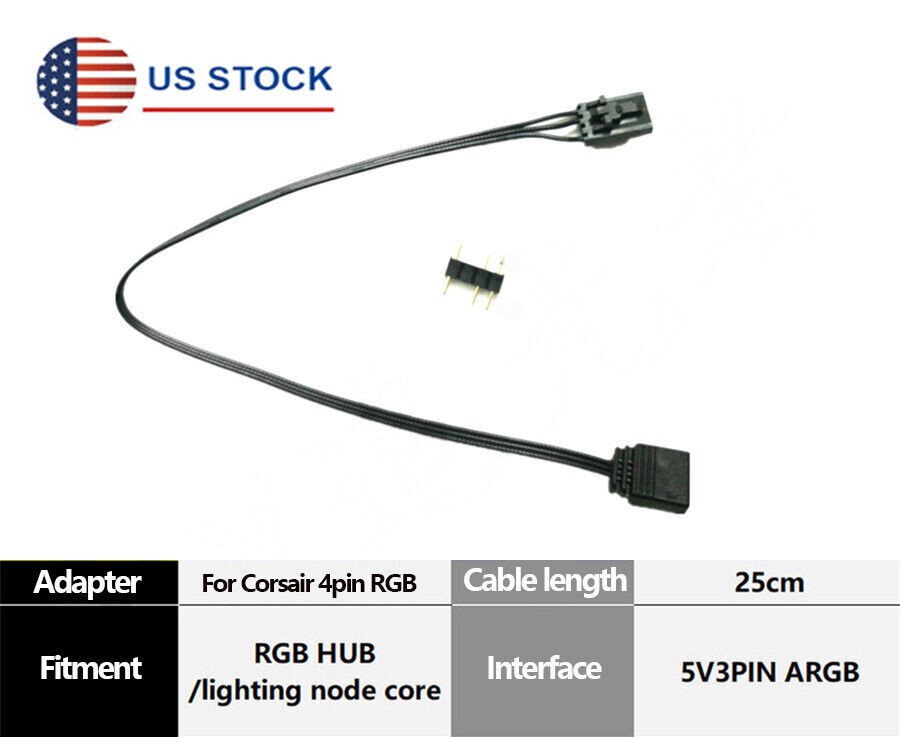 For Corsair RGB Fan (4-pin) to Asus Aura/MSI Mystic Light A-RGB Adapter Cable US