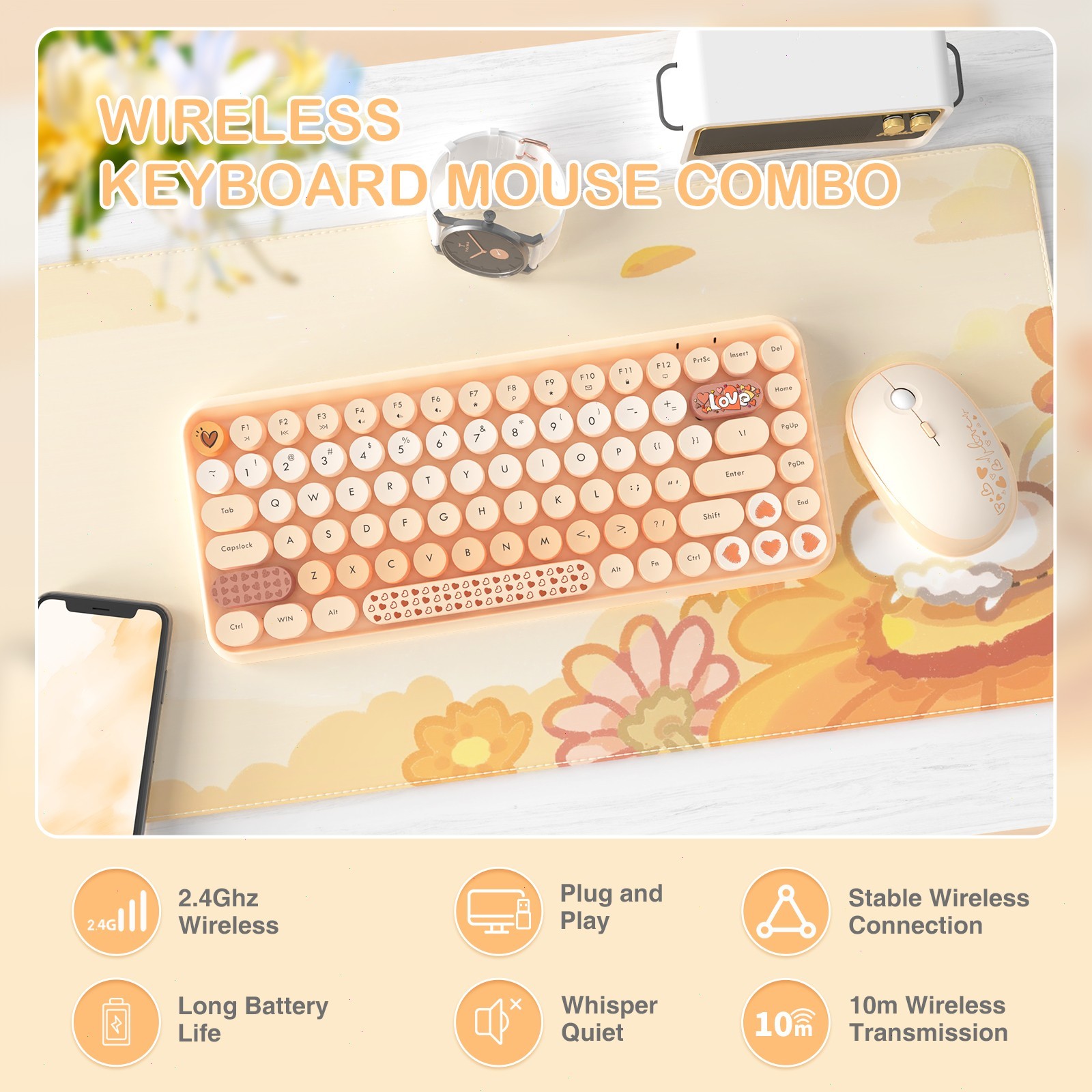 AJAZZ 308I Wireless Bluetooth Typewriter Keyboard and Mouse Set Round Keycaps
