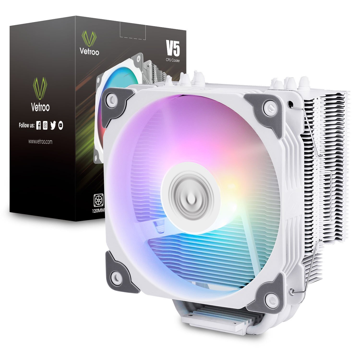 Vetroo V5 CPU Air Cooler Heatsink w/5 Heatpipes 120mm ARGB Fan for 1200 1700 AM4