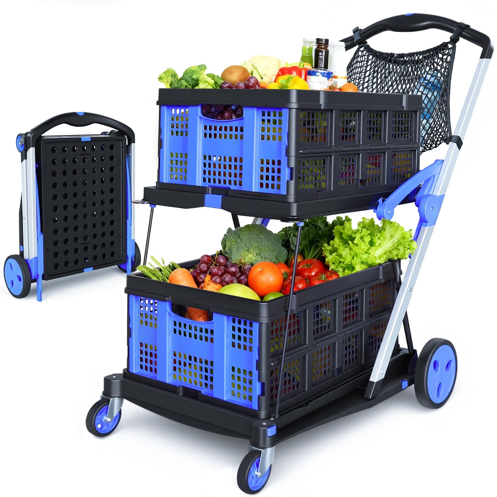 Collapsible Shopping Cart with Wheels, 2 Storage Crates & 1 Storage Bag, 200 ...